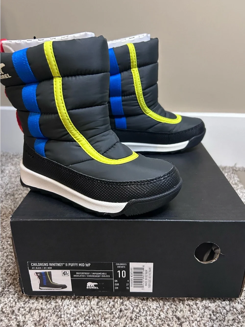 NEW Sorel Whitney II Puffy Mid Winter Boots Black/Multi Size 10 Toddler